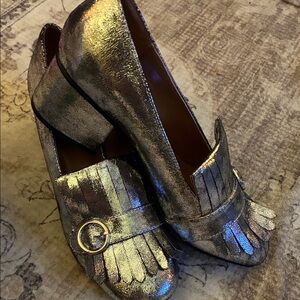 Metallic Silver Fringe Block Heel Loafers - Women's